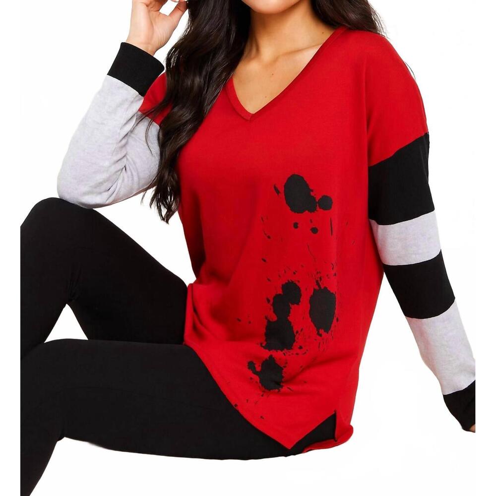 NEW ANGEL APPAREL splatter v-neck long sleeve top in red/black